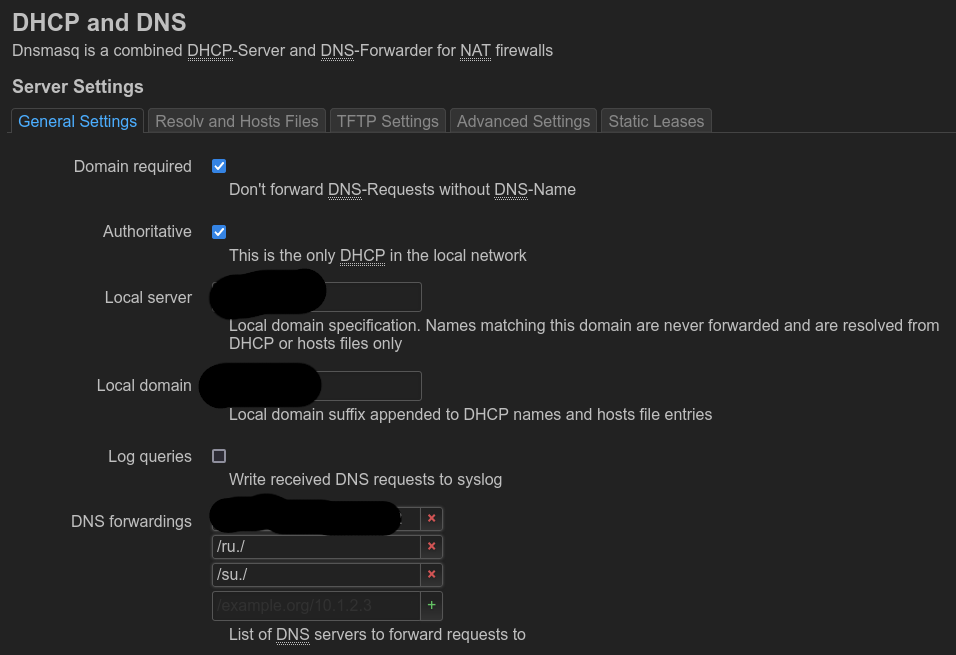 Screenshot: blocking &ldquo;.ru&rdquo; and &ldquo;.su&rdquo; domain zones in DNS settings page in OpenWRT web interface, LuCI
