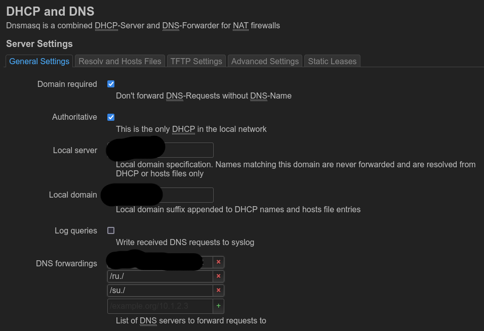 Screenshot: blocking “.ru” and “.su” domain zones in DNS settings page in OpenWRT web interface, LuCI