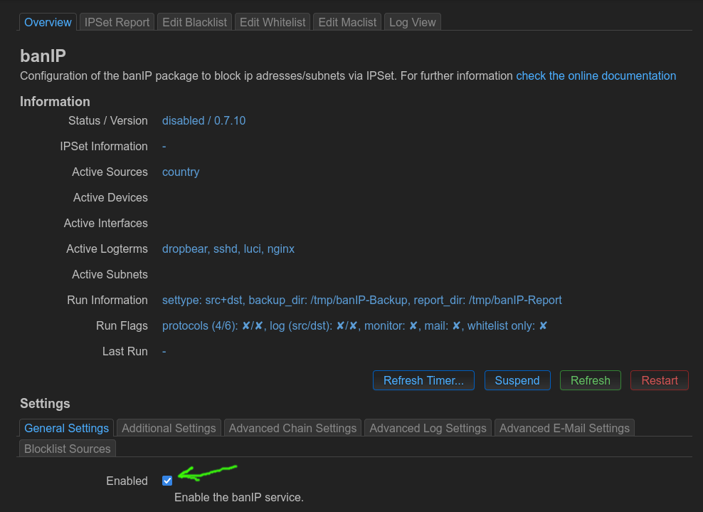 Screenshot: enabling banIP