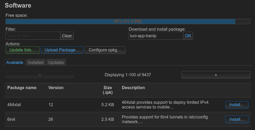 Screenshot: installing banip packages in OpenWRT web interface, LuCI